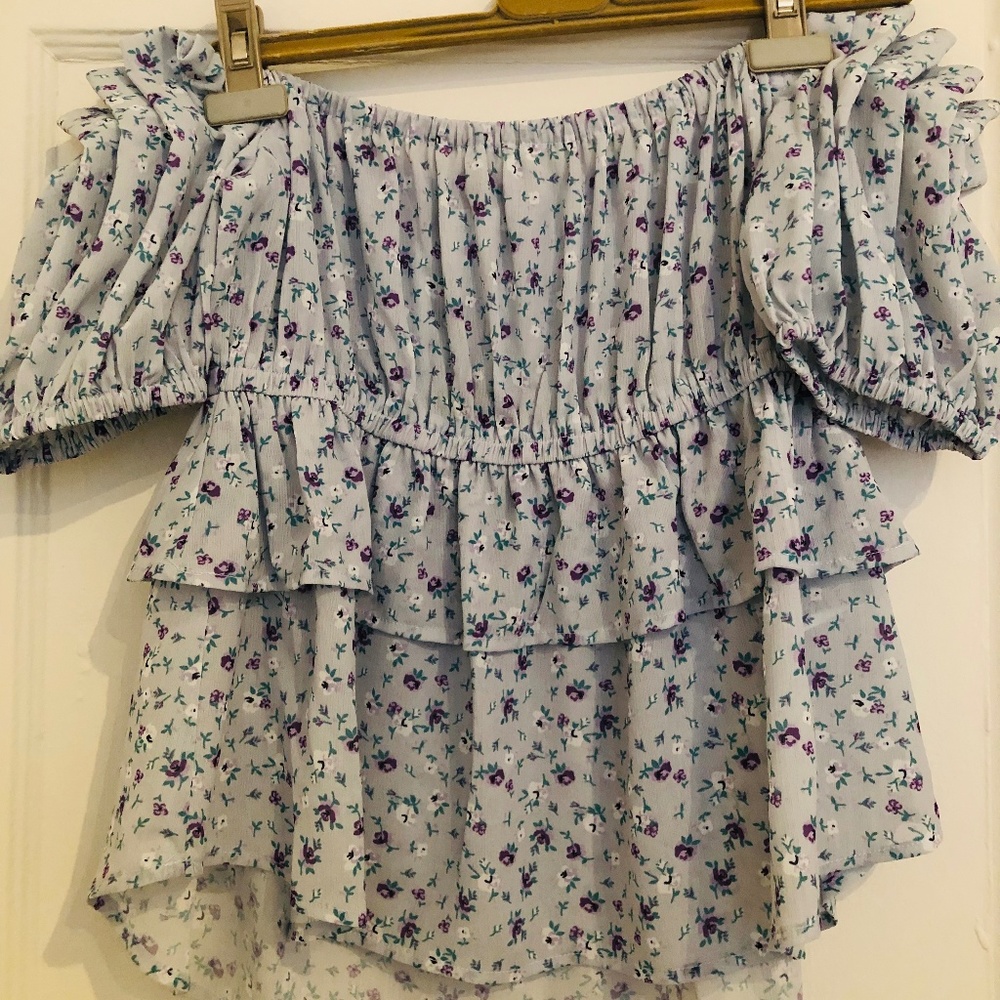 Lost Ink Light Blue floral OTS Ruffle Top